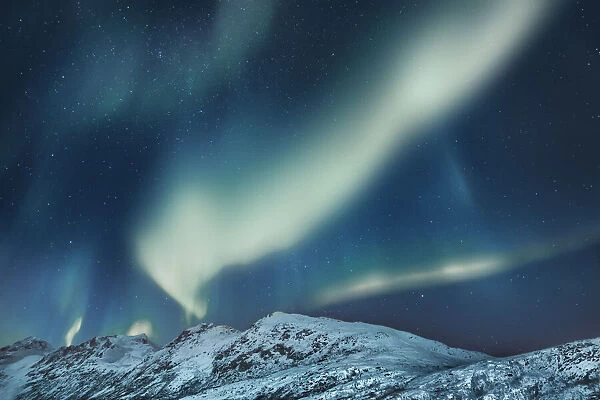 Polar light (Aurora Borealis) over snowcovered mountains - Norway, Troms, Kvaloya