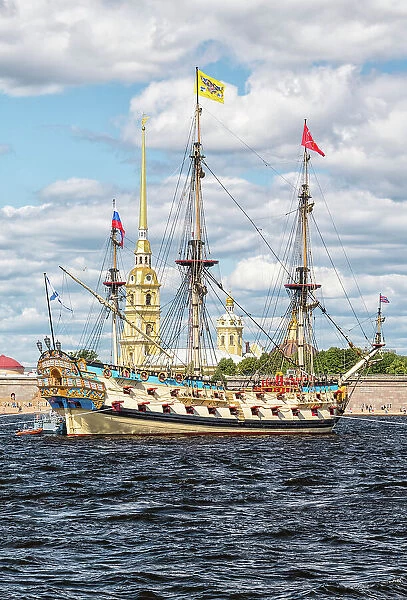 'Poltava', Russian 54-gun battleship, next to the Peter and Paul Fortress, Saint Petersburg, Russia
