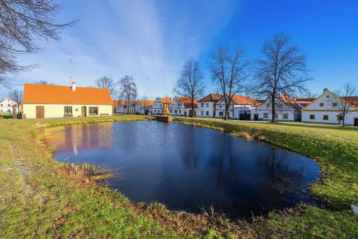 Framed Print : Pond in Holasovice and houses of rural Baroque, UNESCO, Jankov, Ceske Budejovice, South Bohemian Region, Czech Republic Framed Print : Pond in Holasovice and houses of rural Baroque, UNESCO, Jankov, Ceske Budejovice, South Bohemian Region, Czech Republic