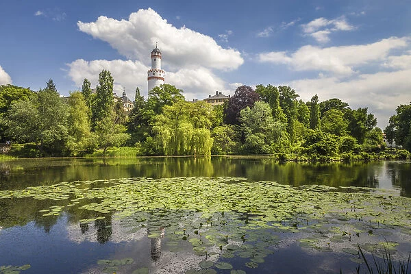 Pond in the palace gardens of Bad Homburg vor der Hoehe with the White Tower, Taunus, Hesse, Germany