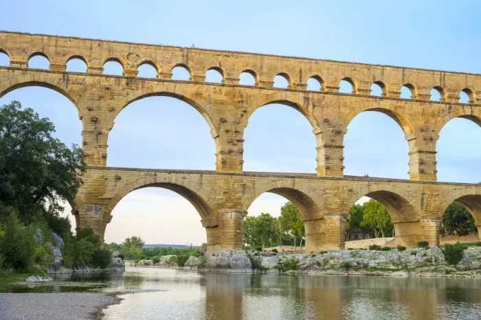 Framed Print : Pont du Gard Roman aqueduct over Gard River at sunset, Gard Department Framed Print : Pont du Gard Roman aqueduct over Gard River at sunset, Gard Department