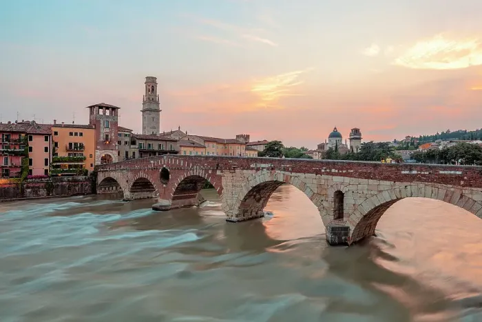Framed Print : Ponte Pietra and river Adige at sunset, Verona, Veneto, Italy Framed Print : Ponte Pietra and river Adige at sunset, Verona, Veneto, Italy