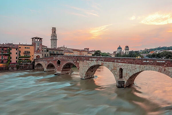 Ponte Pietra and river Adige at sunset, Verona, Veneto, Italy
