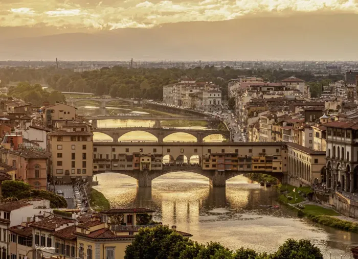 Framed Print : Ponte Vecchio and Arno River at sunset, Florence, Tuscany, Italy