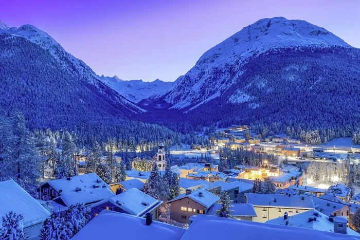 Framed Print : Pontresina village during twilight. Engadine valley, Graubunden Canton, Switzerland Framed Print : Pontresina village during twilight. Engadine valley, Graubunden Canton, Switzerland