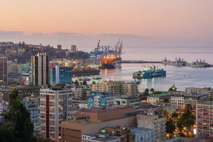 Framed Print : Port of Valparaiso and buildings at dusk, Valparaiso, Valparaiso Province, Valparaiso Region, Chile Framed Print : Port of Valparaiso and buildings at dusk, Valparaiso, Valparaiso Province, Valparaiso Region, Chile