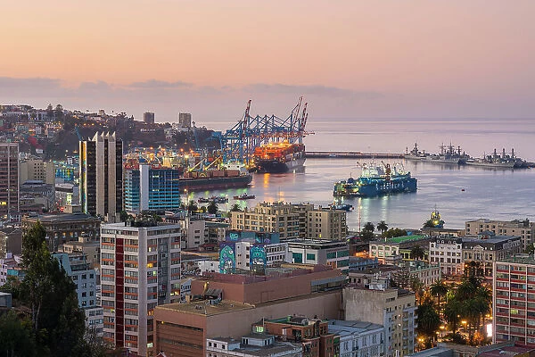 Port of Valparaiso and buildings at dusk, Valparaiso, Valparaiso Province, Valparaiso Region, Chile