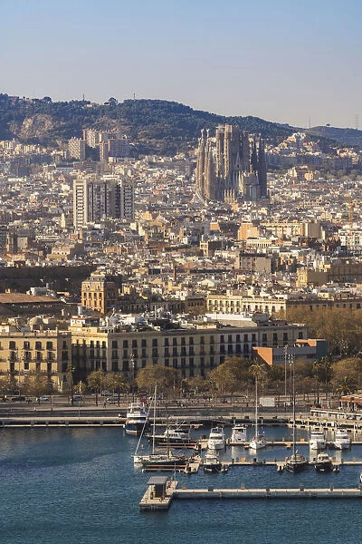 Port Vell marina and city skyline behind, Barcelona, Catalonia, Spain