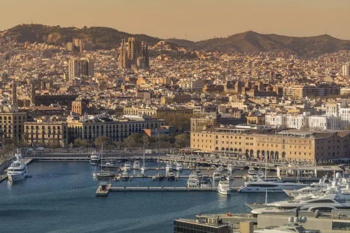 Framed Print : Port Vell marina and city skyline behind at sunset, Barcelona, Catalonia, Spain Framed Print : Port Vell marina and city skyline behind at sunset, Barcelona, Catalonia, Spain