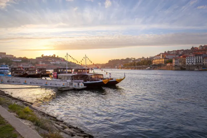 Framed Print : Port wine boats moored on the south bank of Douro River, Porto, Portugal Framed Print : Port wine boats moored on the south bank of Douro River, Porto, Portugal