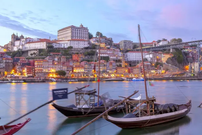 Framed Print : Port wine boats moored on the south bank of Douro River, Porto, Portugal Framed Print : Port wine boats moored on the south bank of Douro River, Porto, Portugal