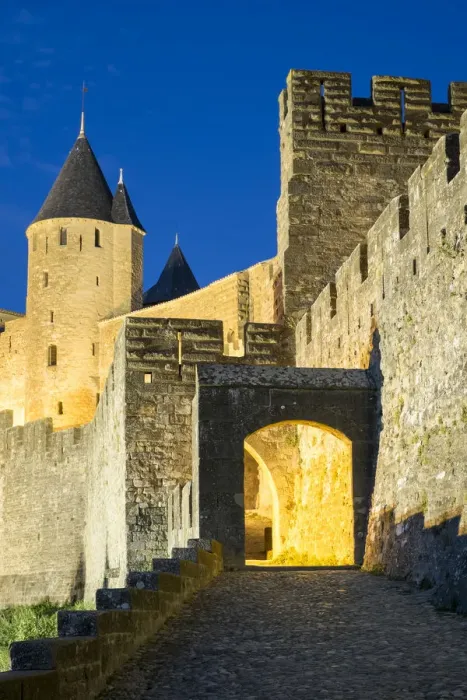 Framed Print : Porte d Aude city gates entrance to medieval citadel of La Cite at night Framed Print : Porte d Aude city gates entrance to medieval citadel of La Cite at night