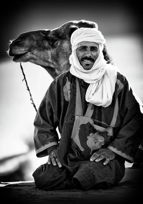 Framed Print : Portrait of a Berber man wearing traditional headscarf (Cheche), with his camel, Erg Chebbi, Sahara Desert, Merzouga Morocco