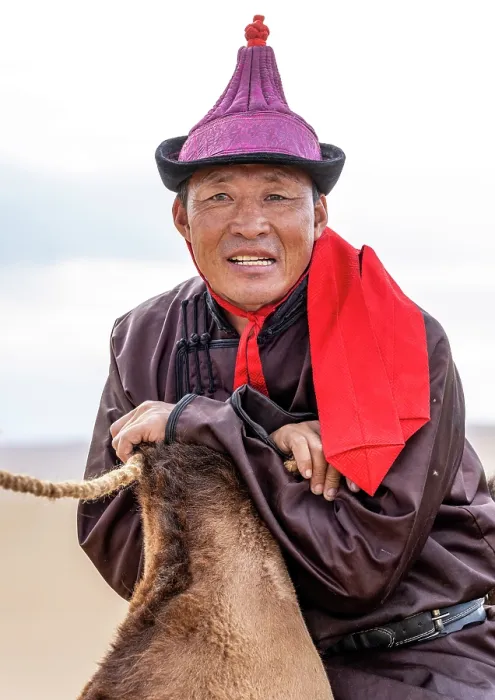 Framed Print : Portrait of a camel herder, Khongor Dunes, Gobi Desert, Mongolia, Asia