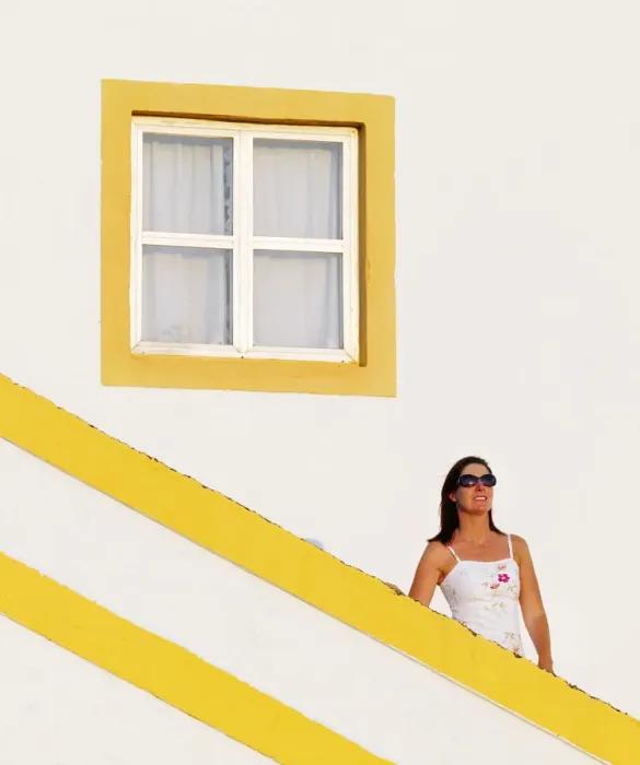 Framed Print : Portugal, Alentejo, Elvas, woman on sstairway (MR) Framed Print : Portugal, Alentejo, Elvas, woman on sstairway (MR)