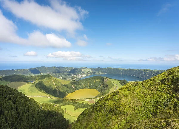 Portugal, Azores archipelago, Sao Miguel island, Sete Cidades, Boca do Inferno viewpoint, view over Lagoa Santiago and Lagoa Azul crater lakes