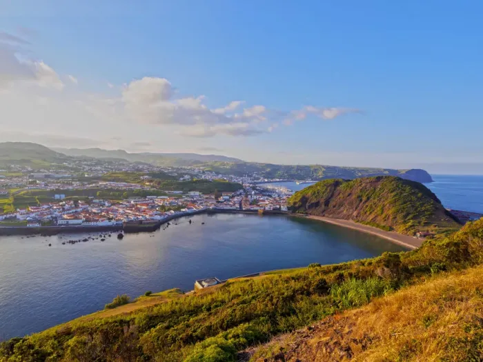 Framed Print : Portugal, Azores, Faial, Horta, View of the city, Porto Pim and Monte Queimado Framed Print : Portugal, Azores, Faial, Horta, View of the city, Porto Pim and Monte Queimado