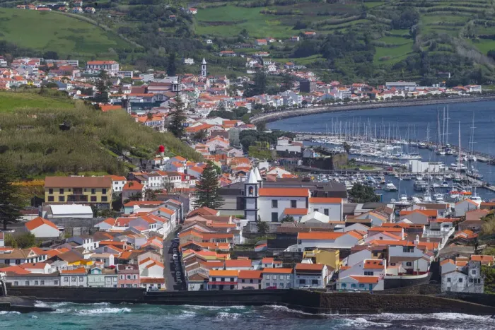 Framed Print : Portugal, Azores, Faial Island, Horta of town and Porto Pim from Monte de Guia Framed Print : Portugal, Azores, Faial Island, Horta of town and Porto Pim from Monte de Guia