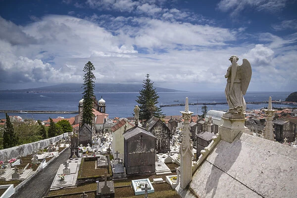 Portugal, Azores, Faial Island, Horta from cemetery towards the Island of Pico