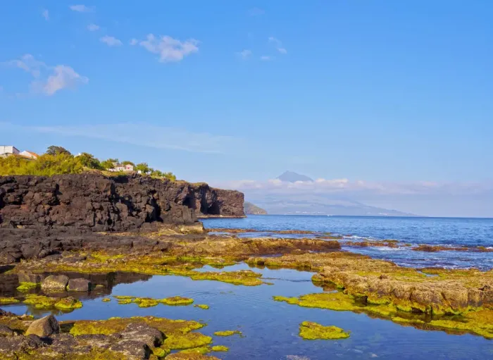 Framed Print : Portugal, Azores, Faial, Lajinha, Natural Swimming Pools, Coastline and Mount Pico Framed Print : Portugal, Azores, Faial, Lajinha, Natural Swimming Pools, Coastline and Mount Pico