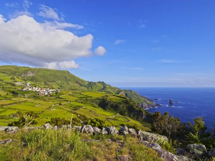 Framed Print : Portugal, Azores, Flores, Landscape with Mosteiro Village and Rocha dos Bordoes Framed Print : Portugal, Azores, Flores, Landscape with Mosteiro Village and Rocha dos Bordoes