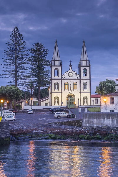 Portugal, Azores, Pico Island, Madalena, harbor view with the Igreja de Santa Madalena