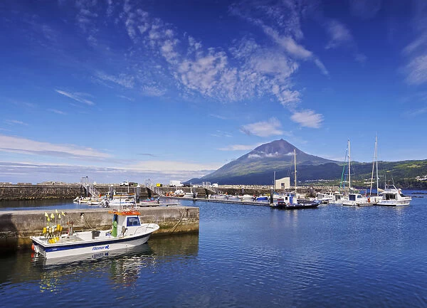 Portugal, Azores, Pico, Lajes do Pico, View of the port with Pico Mountain in the