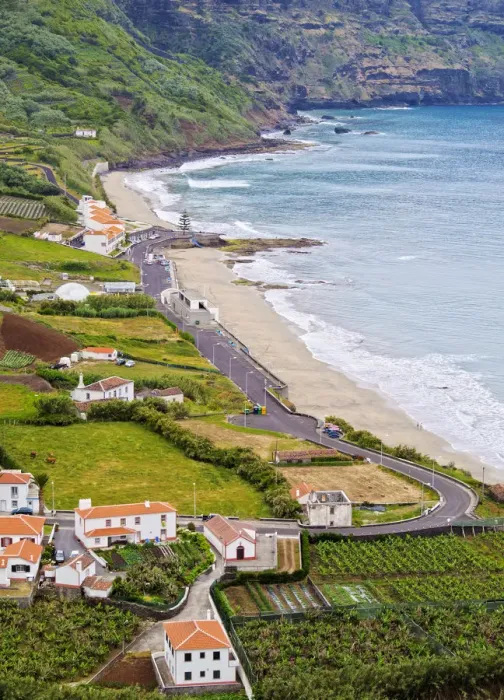 Framed Print : Portugal, Azores, Santa Maria, Praia, Elevated view of the beach and coast of Framed Print : Portugal, Azores, Santa Maria, Praia, Elevated view of the beach and coast of