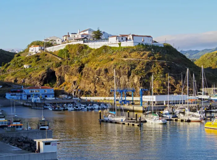 Framed Print : Portugal, Azores, Santa Maria, Vila do Porto, View from harbour towards old town Framed Print : Portugal, Azores, Santa Maria, Vila do Porto, View from harbour towards old town