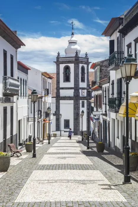 Framed Print : Portugal, Azores, Sao Jorge Island, Velas, Rua Francisco Lacerda street and view towards Framed Print : Portugal, Azores, Sao Jorge Island, Velas, Rua Francisco Lacerda street and view towards