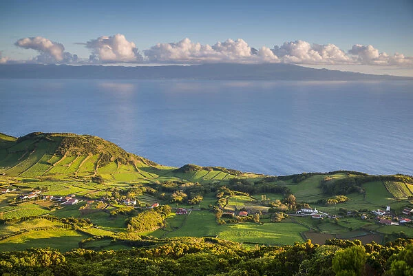 Portugal, Azores, Sao Jorge Island, Pico da Velha, elevated landscape view, sunset