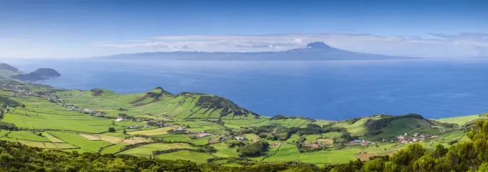 Framed Print : Portugal, Azores, Sao Jorge Island, Pico da Velha of fields and Pico Volcano Framed Print : Portugal, Azores, Sao Jorge Island, Pico da Velha of fields and Pico Volcano