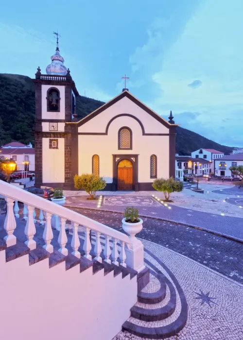Framed Print : Portugal, Azores, Sao Jorge, Velas, Main Church of Santa Catarina at dusk Framed Print : Portugal, Azores, Sao Jorge, Velas, Main Church of Santa Catarina at dusk