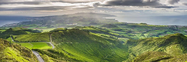 Portugal, Azores, Sao Miguel Island, Pico Barrosa Mountain, elevated island view looking