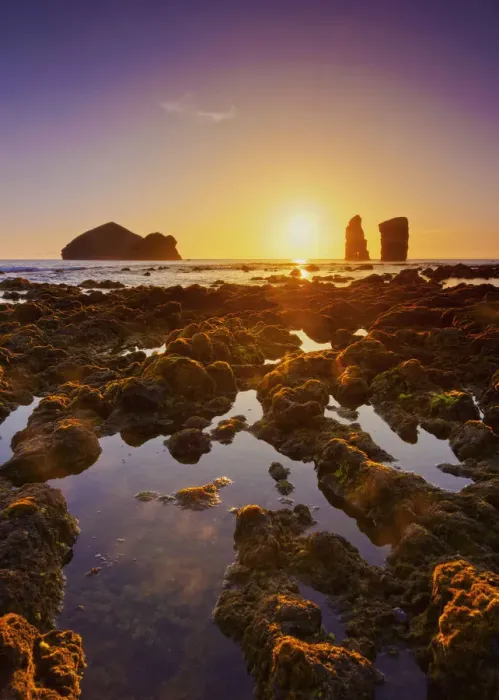 Framed Print : Portugal, Azores, Sao Miguel, Mosteiros, Sunset over the rocks Ilheus dos Mosteiros