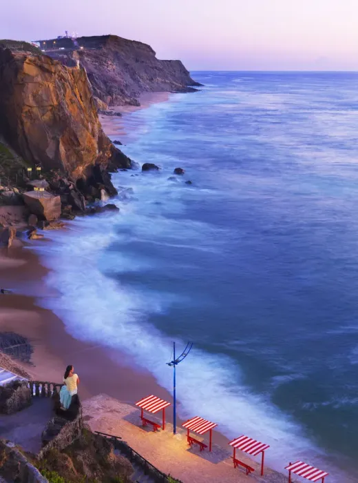 Framed Print : Portugal, Estramadura, Santa Cruz, woman at viewpoint, dusk (MR) Framed Print : Portugal, Estramadura, Santa Cruz, woman at viewpoint, dusk (MR)
