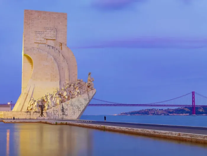 Framed Print : Portugal, Lisbon, Belem, Monument to the Discoveries (Padrao dos Descobrimentos) at dusk