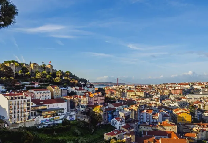 Framed Print : Portugal, Lisbon, Cityscape viewed from the Miradouro da Graca Framed Print : Portugal, Lisbon, Cityscape viewed from the Miradouro da Graca