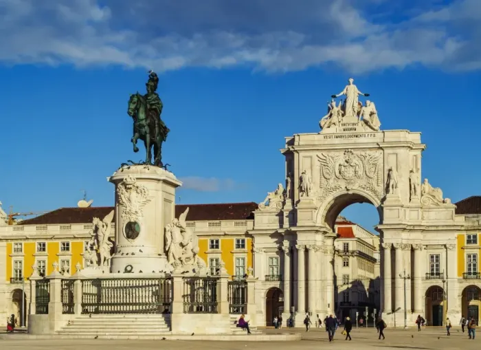 Framed Print : Portugal, Lisbon, Commerce Square, View of the Statue of King Jose I by Machado de Castro