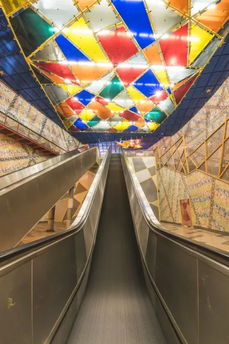 Framed Print : Portugal, Lisbon. Escalators and the colorful decorations at Olaias subway station Framed Print : Portugal, Lisbon. Escalators and the colorful decorations at Olaias subway station