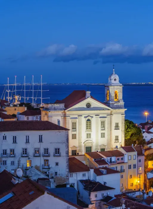 Framed Print : Portugal, Lisbon, Miradouro das Portas do Sol, Twilight view towards the Church of Framed Print : Portugal, Lisbon, Miradouro das Portas do Sol, Twilight view towards the Church of