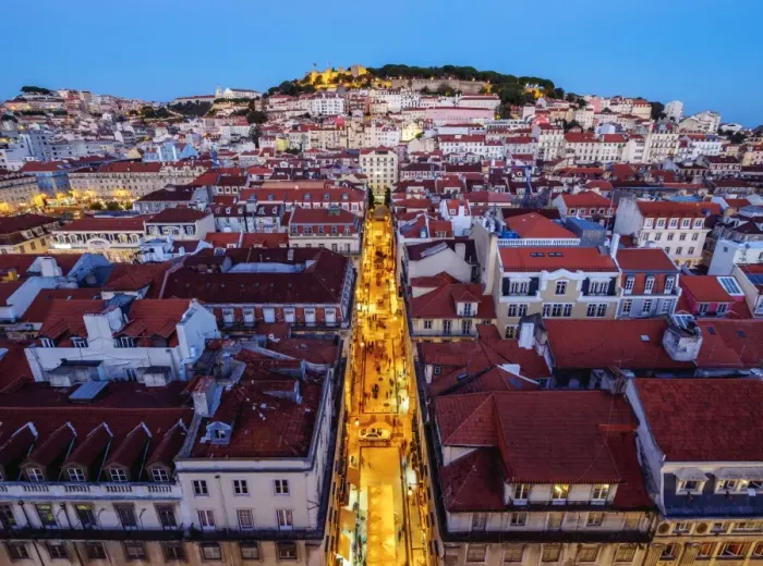 Framed Print : Portugal, Lisbon, Miradouro de Santa Justa, Twilight view over downtown and Santa