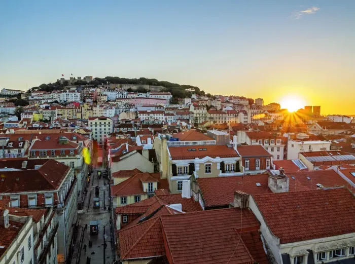 Framed Print : Portugal, Lisbon, Miradouro de Santa Justa, View over downtown and Santa Justa Street
