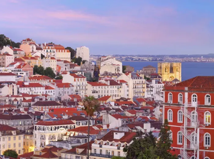 Framed Print : Portugal, Lisbon, Overview of Se Cathedral and city at Dusk
