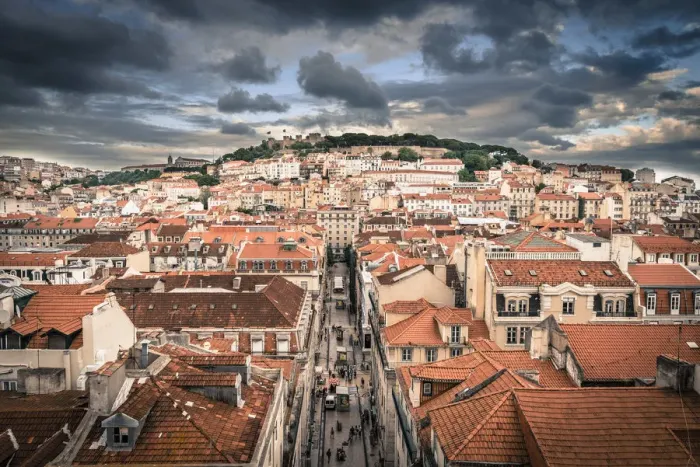 Framed Print : Portugal, Lisbon, rooftop view of Baixa District with Sao Jorge Castle and Alfama Framed Print : Portugal, Lisbon, rooftop view of Baixa District with Sao Jorge Castle and Alfama