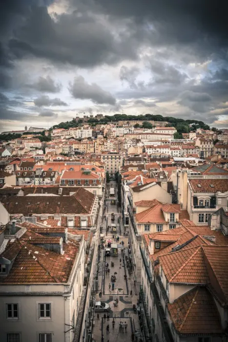 Framed Print : Portugal, Lisbon, rooftop view of Baixa District with Sao Jorge Castle and Alfama
