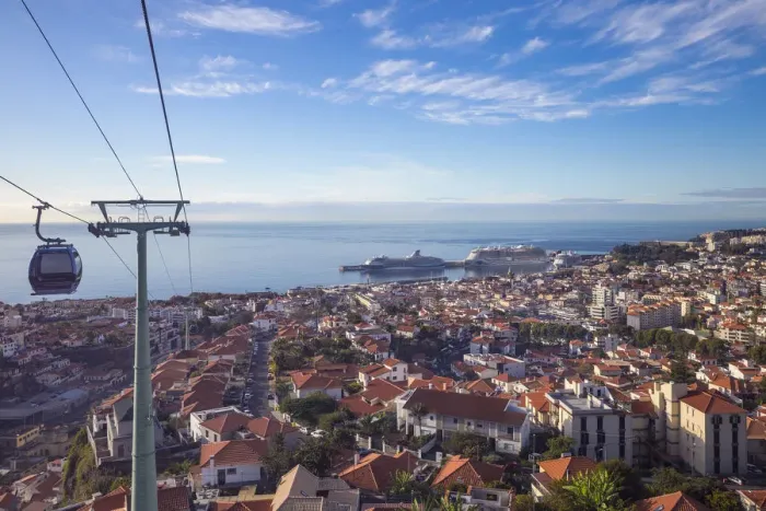 Framed Print : Portugal, Madeira, Funchal, View of cable car and Funchal harbour and town
