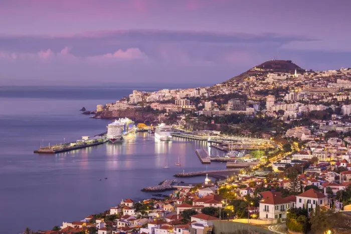 Framed Print : Portugal, Madeira, Funchal, View of Funchal harbour and town Framed Print : Portugal, Madeira, Funchal, View of Funchal harbour and town