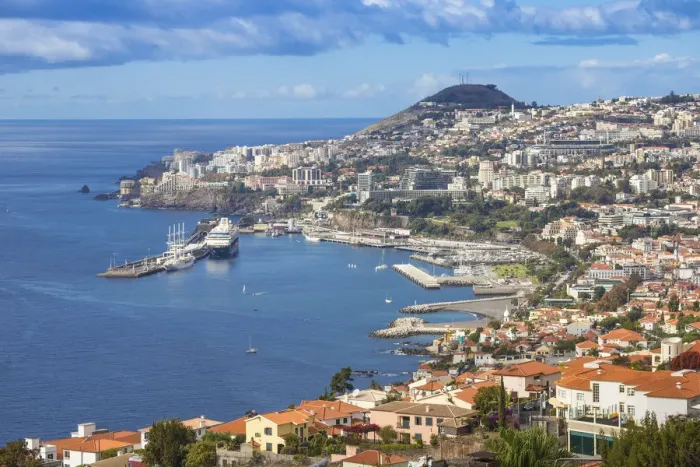 Framed Print : Portugal, Madeira, Funchal, View of Funchal harbour and town Framed Print : Portugal, Madeira, Funchal, View of Funchal harbour and town