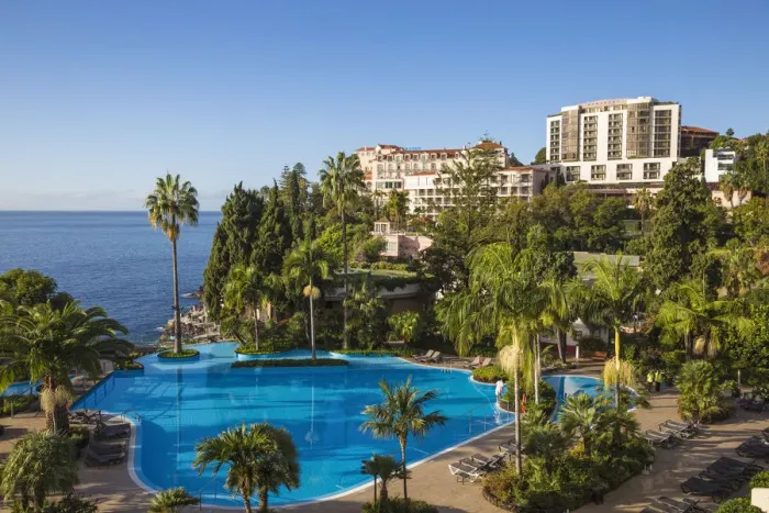 Framed Print : Portugal, Madeira, Funchal, View of swimming pool and Reids hotel Framed Print : Portugal, Madeira, Funchal, View of swimming pool and Reids hotel